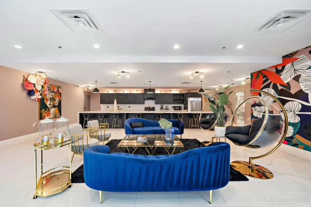 Luxury open-concept lobby lounge and communal guest kitchen facility at Wanderstay Boutique Hotel, a premier adult-only hotel Houston.